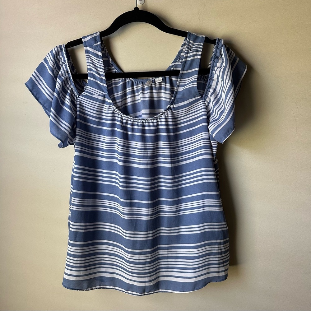 Cato Blue/White Striped Women's Blouse w/Cold Shoulder Top Shirt Size Small